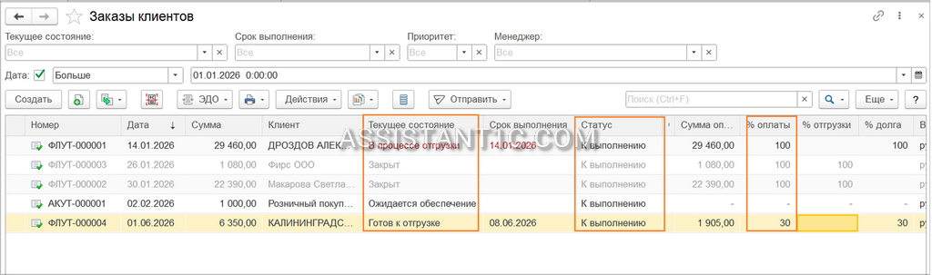 Статусы заказов клиентов в 1С УТ 11